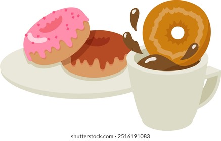 Ilustración vectorial de una rosquilla sumergiéndola vigorosamente en café y dos rosquillas en un plato