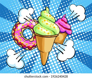 
Vektorgrafik mit Donut, Eis und Kuchendesserts im Comic- und Pop-Art-Stil. Schwellen und Wolken aus der Explosion