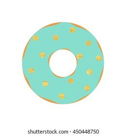 Vector illustration of donut. Isolated on white background. Cartoon dessert with blue sugar icing and gold dots.