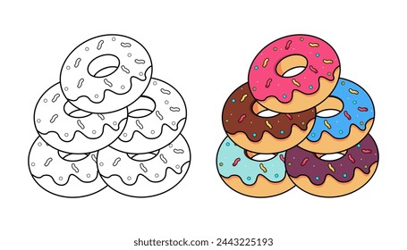 Vector Ilustración de donut con líneas y colores, para el libro de colorear de los niños