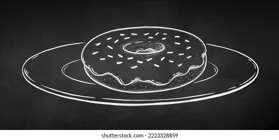 Ilustración vectorial de Donut en la placa. Dibujo de almejas aislado en el fondo de la pizarra.