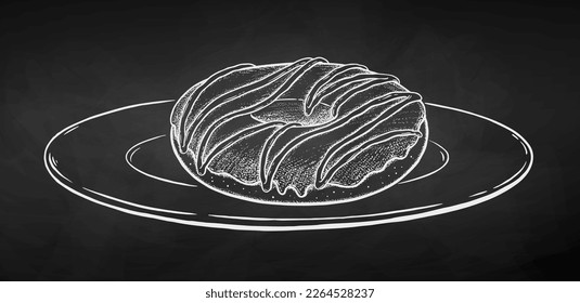 Vector illustration of Donut on plate. Chalk drawing isolated on chalkboard background.