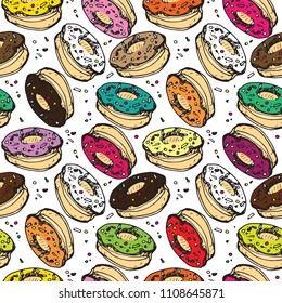 Vector illustration of donut pattern set with chocolate, strawberry, vanilla, pistachio, orange and cheery flavour