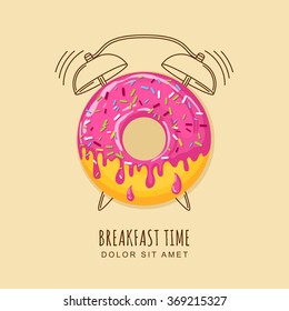 Vector illustration of donut with pink cream and outline alarm clock. Concept for breakfast menu, cafe, restaurant, desserts, bakery. Logo design template. Food background. 