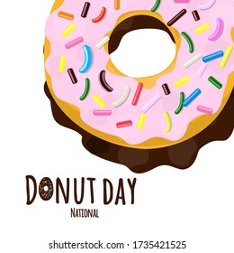 Vector illustration of a donut in pink glaze with multi-colored pastry topping isolated on a white background.