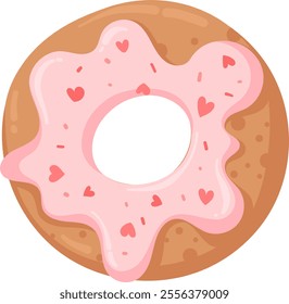 Vector illustration of donut with pink glaze, decorated with hearts, isolated on white background. Donut with hearts for Valentine's day, in flat vector style