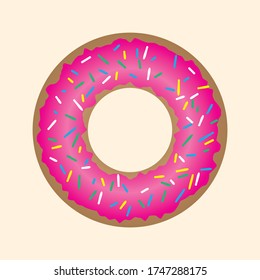 Vector illustration of a donut with pink icing and colored sprinkles.