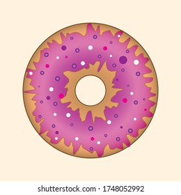 Vector illustration of a donut with pink icing and colored sprinkles.