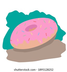 Ilustración vectorial de un donut con glaseado rosa y rociadores multicolores. Comida, postres, dulces.