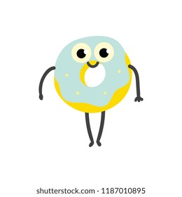 Vector illustration of donut ring decorated with blue glaze cartoon character in flat style - emoticon of of fried dough dessert food with icing standing and smiling isolated on white background.