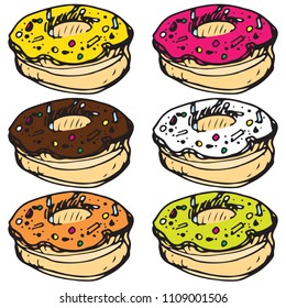 Vector illustration of donut set with chocolate, strawberry, vanilla, pistachio, orange and cheery flavour