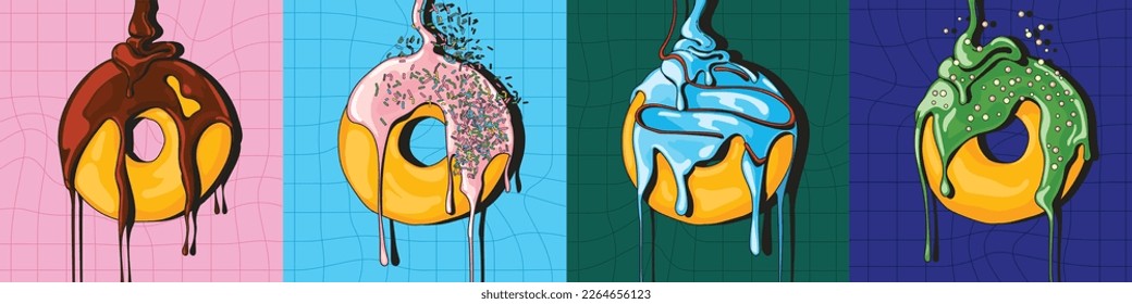 Vector illustration of a donut set. Flat illustration in cartoon style. Illustration for menu design, cafe decoration, delivery boxes.