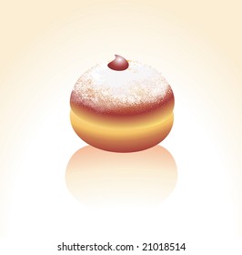 Vector illustration of donut, sprinkled with a sugar powder and decorated with a jam drop.