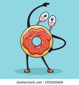 Vector illustration of donut that is exercising on blue background. Food Healthy Icon Concept Isolated Premium Vector.