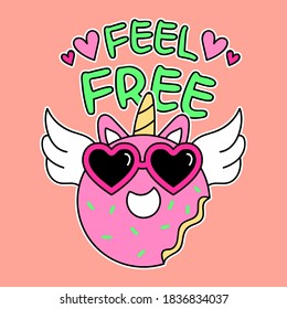 VECTOR ILLUSTRATION OF A DONUT WITH WINGS AND GLASSES, SLOGAN PRINT