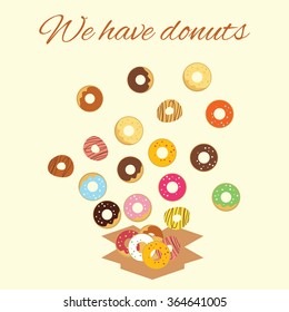 vector illustration / donuts in box / we have donuts lettering
