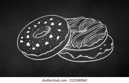 Vector illustration of Donuts. Chalk drawing isolated on chalkboard background.