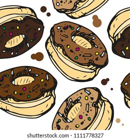 Vector illustration of donuts in chocolate brown color pattern