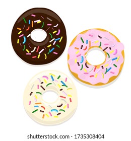 Vector illustration of donuts in chocolate and pink glaze on a white background.