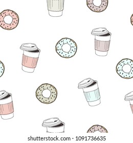 Vector illustration. Donuts and coffee cup print. Element of seamless pattern . Cute vector objects. Fabric or paper design.