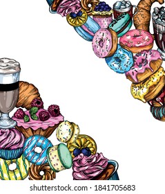 Vector illustration of donuts, coffee, pastries. Postcard, banner, screen saver. Bright illustrations of bagels, donuts, cookies, coffee, cappuccino, macaroons.