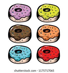 Vector Illustration of donuts with colorful toppings and raisin in hand drawing style