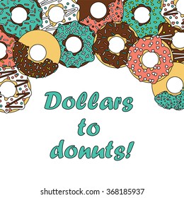 Vector illustration of donuts. Isolated donuts for cafe. Deserts food in a flat style. Sweet donuts with frosting and caramel topping. Poster with donuts. Easy recolor.