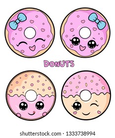 Vector illustration donuts of Kawai characters.  Donut vector set isolated on a green background. Donut collection. Sweet sugar icing donuts. break time with white chocolate, strawberry and chocolate 