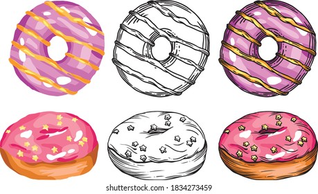 Vector illustration of donuts. Multicolored, attractive, bright donuts with colored glaze. For menu decoration or different prints.