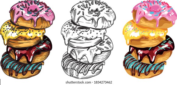 Vector illustration of donuts. Multicolored, attractive, bright donuts with colored glaze. For menu decoration or different prints.