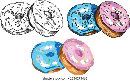 Vector illustration of donuts. Multicolored, attractive, bright donuts with colored glaze. For menu decoration or different prints.