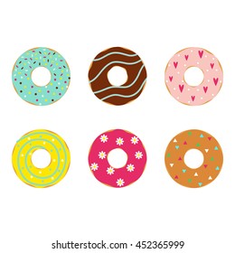 Vector illustration of donuts set. Isolated on white background. Colorful collection of cartoon dessert. 