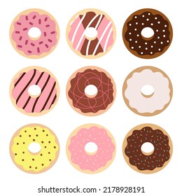 Vector illustration with donuts. Tasty set isolated on white background. Assorted kids sweets, donuts in colored glaze, pastries for menu template design, cafe wall decoration collection