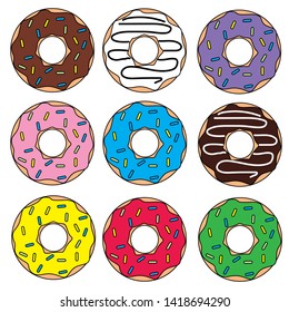 vector illustration of donuts in various colors