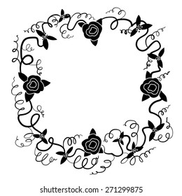 Vector illustration. doode herbal frame. Silhouette, black and white