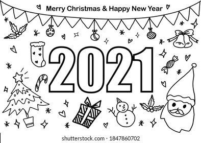 Vector illustration doodle abstract  isolated white background. Merry Christmas & Happy New Year 2021. Christmas decorations, Santa Claus, cute bells, cartoon Christmas trees, glitter lights, gift box