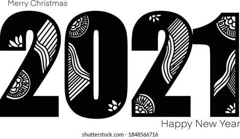 Vector illustration doodle abstract  isolated white background. Happy New Year & Merry Christmas 2021. Painting black text and drawing doodle abstract line. For card, greeting, banner, postcard.
