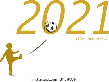 Fondo blanco aislado abstracto del doodle de la ilustración del vector. Mano escribiendo texto amarillo dorado Feliz Año Nuevo. 2021 es el año medio. La sombra dorada amarilla muestra la distancia de gente disparando a la pelota de fútbol negro