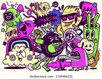 Dibujo vectorial con doodle de Aliens y Monster