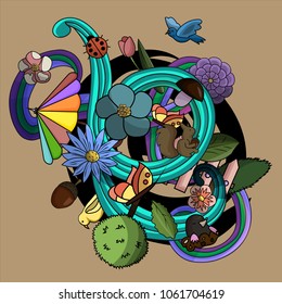 Vector illustration doodle art, hand drawing design, garden flowers and animals