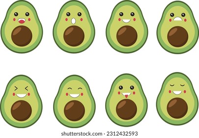 vector illustration doodle avocado cute emoticon set, cartoon, flat design, vegan