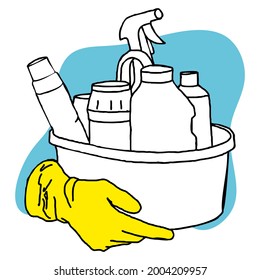 Vector illustration doodle basin detergent bottles glove plastic line.