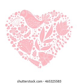 Vector illustration with doodle bird and floral elements in heart shape.
