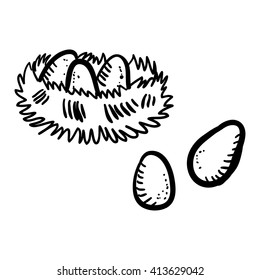 Vector illustration doodle bird's nest with eggs on white background. Handy drawn hen's nest with big eggs. Cartoon nest.
