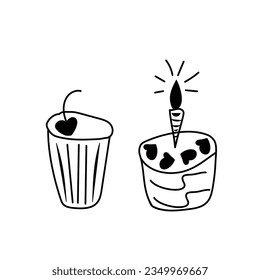vector illustration doodle black outline muffin and cupcake with candle for birthday party. Icons of sweets for the holiday. Design for web design, packaging, postcards, flyers, labels