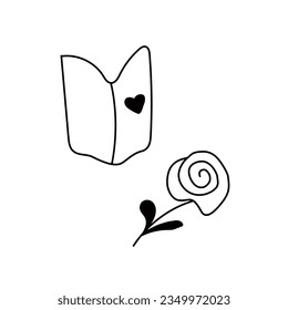 ilustración vectorial doodle tarjeta de saludo de contorno negro con corazón y rosa. Iconos para cumpleaños de vacaciones o día de San Valentín. Diseño para diseño web, embalaje, postales, volantes, etiquetas