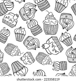 Vector illustration. Doodle.  Black and white seamless pattern of Cake