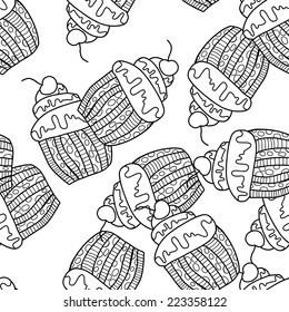 Vector illustration. Doodle.  Black and white seamless pattern of Cake