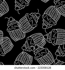 Vector illustration. Doodle.  Black and white seamless pattern of Cake