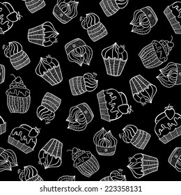 Vector illustration. Doodle.  Black and white seamless pattern of Cake